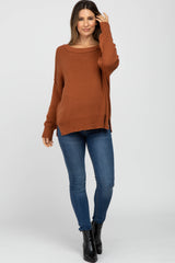 Camel Exposed Seam Side Slit Maternity Sweater