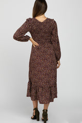 Burgundy Floral Long Sleeve Smocked Maternity Midi Dress