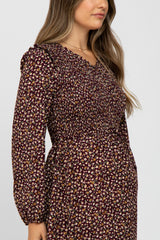 Burgundy Floral Long Sleeve Smocked Maternity Midi Dress