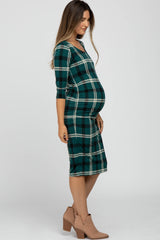 Forest Green Plaid 3/4 Sleeve Ruched Maternity Dress