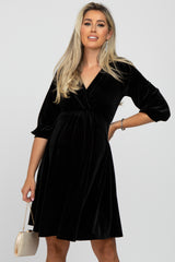 Black Velvet Wrap Front Babydoll Maternity Dress