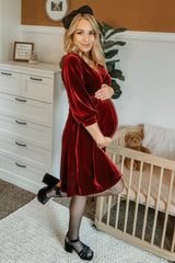 Burgundy Velvet Wrap Front Babydoll Maternity Dress