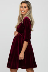 Burgundy Velvet Wrap Front Babydoll Maternity Dress