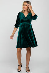 Green Velvet Wrap Front Babydoll Maternity Dress