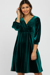 Green Velvet Wrap Front Babydoll Dress