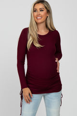 Burgundy Ribbed Ruched Tie Maternity Top