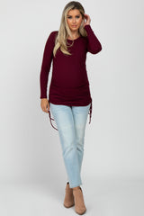 Burgundy Ribbed Ruched Tie Maternity Top