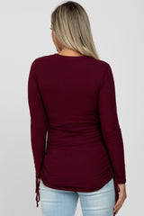 Burgundy Ribbed Ruched Tie Maternity Top