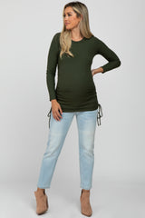 Olive Ribbed Ruched Tie Maternity Top