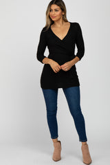 Black Brushed Knit Wrap Top