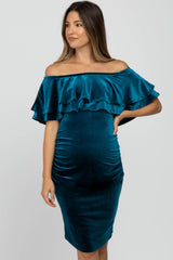 Teal Velvet Off Shoulder Fitted Maternity Dress