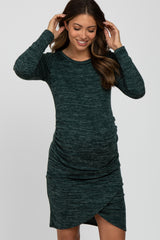 Green Heathered Ruched Tulip Hem Maternity Dress