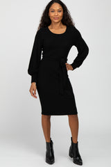 Black Soft Brushed Waist Tie Bubble Sleeve Dress