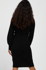 Black Soft Brushed Waist Tie Bubble Sleeve Dress