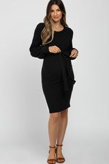 Black Soft Brushed Waist Tie Bubble Sleeve Maternity Dress