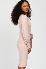 Pink Soft Brushed Waist Tie Bubble Sleeve Dress