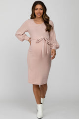 Pink Soft Brushed Waist Tie Bubble Sleeve Maternity Dress