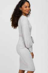 Heather Grey Soft Brushed Waist Tie Bubble Sleeve Dress