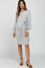 Heather Grey Soft Brushed Waist Tie Bubble Sleeve Maternity Dress