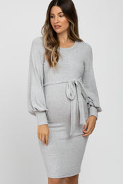 Heather Grey Soft Brushed Waist Tie Bubble Sleeve Maternity Dress