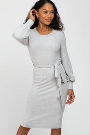 Heather Grey Soft Brushed Waist Tie Bubble Sleeve Dress