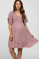 Mauve Smocked Front Ruffle Hem Maternity Dress