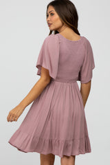 Mauve Smocked Front Ruffle Hem Maternity Dress