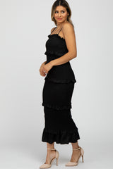 Black Satin Smocked Fitted Midi Dress