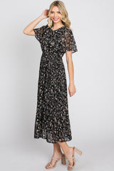 Black Floral Pleated Short Sleeve Chiffon Midi Dress