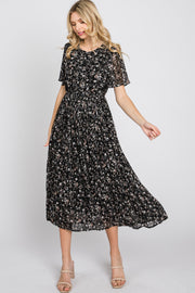 Black Floral Pleated Short Sleeve Chiffon Midi Dress