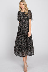 Black Floral Pleated Short Sleeve Chiffon Midi Dress