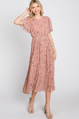 Light Pink Floral Pleated Short Sleeve Chiffon Midi Dress