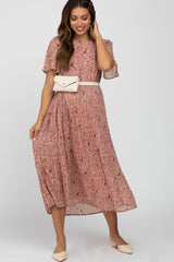 Light Pink Floral Pleated Short Sleeve Chiffon Maternity Midi Dress