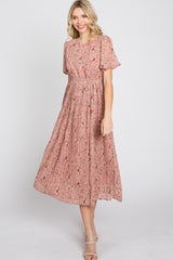 Light Pink Floral Pleated Short Sleeve Chiffon Midi Dress