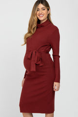 Burgundy Ribbed Turtleneck Maternity Sweater Dress