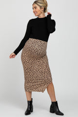 Brown Animal Print Fitted Maternity Midi Skirt