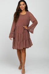 Burgundy Floral Chiffon Ruffle Hem Bell Sleeve Dress