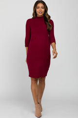 Burgundy Brushed Mock Neck Fitted Maternity Dress