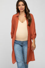 Rust Button Front Side Slit Oversized Maternity Blouse