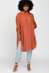 Rust Button Front Side Slit Oversized Maternity Blouse