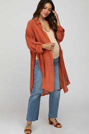 Rust Button Front Side Slit Oversized Maternity Blouse