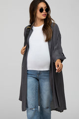 Charcoal Button Front Side Slit Oversized Maternity Blouse