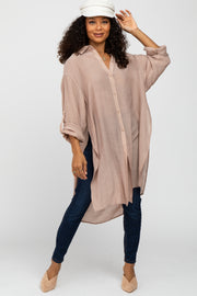 Taupe Button Front Side Slit Oversized Blouse