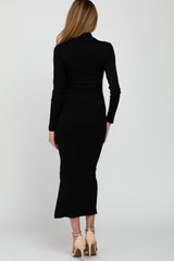 Black Ribbed Mock Neck Side Slit Maternity Maxi Dress