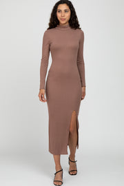 Mocha Ribbed Mock Neck Side Slit Maxi Dress