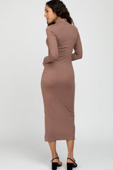 Mocha Ribbed Mock Neck Side Slit Maxi Dress