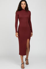 Burgundy Ribbed Mock Neck Side Slit Maternity Maxi Dress