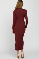 Burgundy Ribbed Mock Neck Side Slit Maternity Maxi Dress