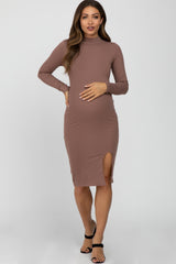 Mocha Ribbed Mock Neck Front Slit Maternity Dress