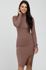 Mocha Ribbed Mock Neck Front Slit Dress